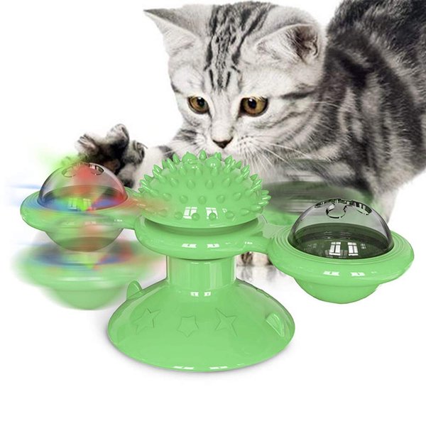 ELEOPTION Windmill Cat Toys, Interactive Cat Toy Turntable with Suction Cup Soft Silicone Scratch Hairer Cat Brush, Funny Cat Toys (Green)