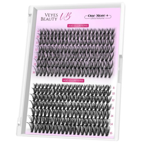 VEYESBEAUTY Lash Clusters 30D 40D Volume Individual Lashes Thin & Invisible Band Wispy Lashes One More+ DIY Eyelash Extensions 8-16mm Mix Tray for Self Application