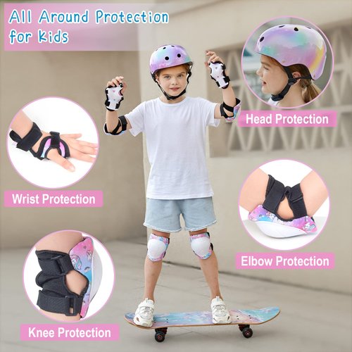 FIODAY Kids Helmet Knee Pads for Kids Unicorn Knee and Elbow Pads Wrist Guards Adjustable Protective Gear Set for Girls Boys Sports Skateboard Inline Skating Scooter, Colorful, 3-8 Years