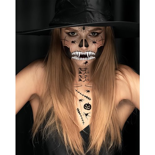 4 Sheet Scary Halloween Face Tattoos for Women Men Adults, 3D Fake Wound Scars Witch Makeup for Halloween Zombie Makeup Kit, Day of the Dead Spider Web Bat Face Temporary Tattoos Decals