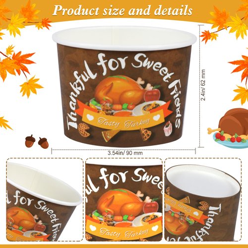 HOWAF 24pcs Friendsgiving Party Treat Snack Cups, Turkey Day Party Disposable Paper Cup Dessert Ice Cream Bowls for Thanksgiving Party Supplies, Friends Thanksgiving Day Ice Cream Cups