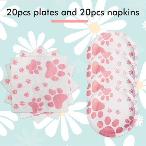KHAIVI Dog Birthday Party Supplies,Paw Print Party Supplies,Paper Plates Napkins,Puppy Birthday Decorations for Kid