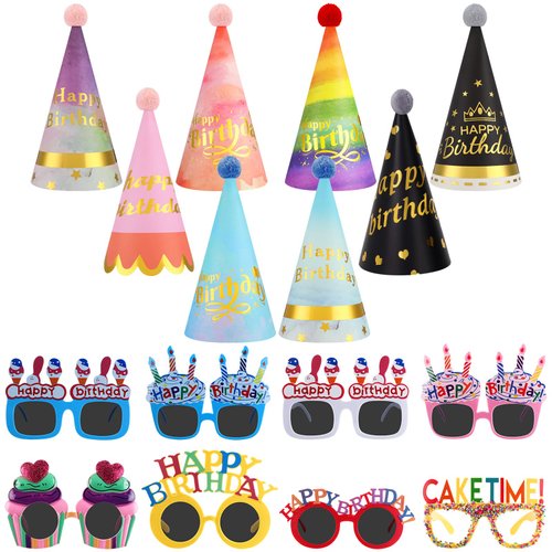 Gersoniel 16 Pcs Birthday Party Hats for Adults Rainbow Colorful Sunglasses Cone Birthday Decorations Supplies (Cute Style)
