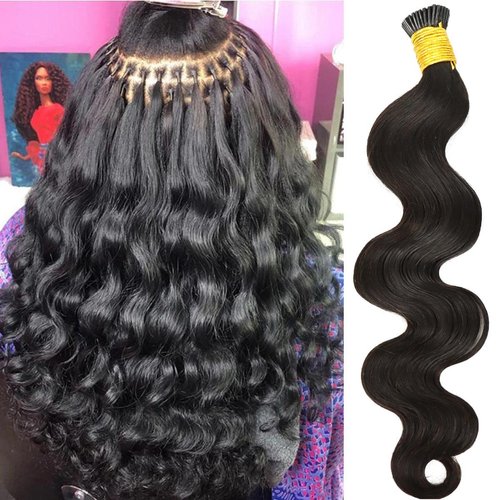 HAPPY&CC Body Wave I Tip Microlinks Human Hair Extensions for Women Natural Black Pre Bonded 1g/strand 100g Stick Tip Hair Extensions Human Hair Bundles Brazilian Virgin Bulk Hair(18inch)
