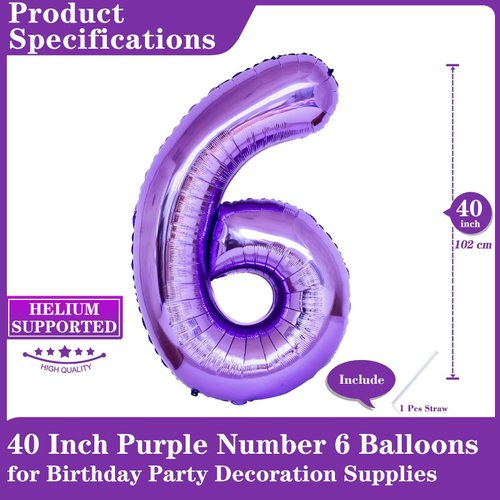 Purple Number 6 Balloons, 40 Inch Giant Number Balloons Foil Mylar Helium Purple Number 6 Balloons for 6th Birthday Party Supplies Anniversary Event Celebration Decorations