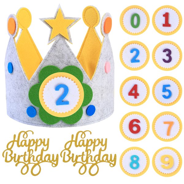HexinYigjly Children's birthday crowns, changeable numbers 0-9, 3D stickers, fabric crown gifts for boys and girls, party decorations (yellow)