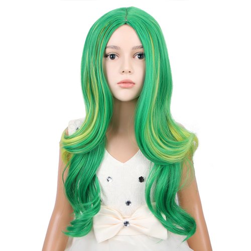 WAVELNM Kids Green Wig Child Green Mixed Yellow Wavy Curly Long Wig Girls Middle Part Synthetic Long Wigs with Wig Cap