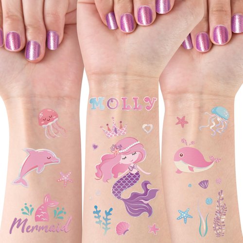 Mermaid Temporary Tattoos for Kids - 12 Sheets Laser Styles Fake Tattoo Stickers 600+ with Alphabet Stickers Mermaid Tail Tattoos Birthday Party Supplies Decorations for Girls Children
