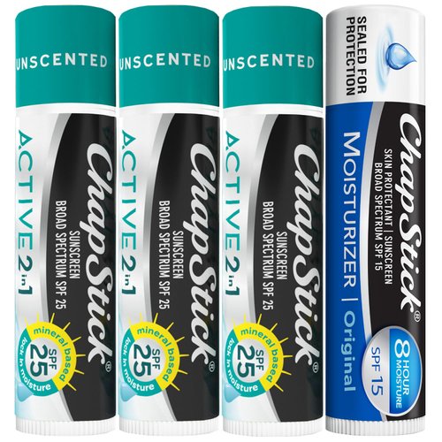ChapStick Lip Sunscreen Bundle – Active 2-in-1 Unscented Lip Balm with SPF 25 3-Pack + Original Moisturizer Lipcare with SPF 15, 0.15 Oz Ea (4 Piece Set)
