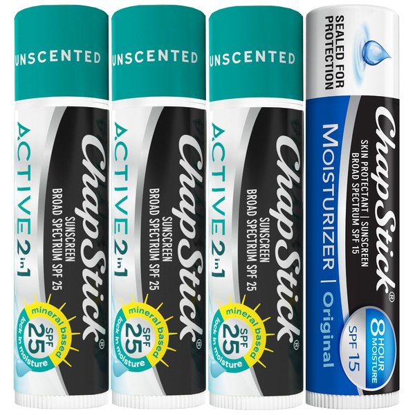 ChapStick Lip Sunscreen Bundle – Active 2-in-1 Unscented Lip Balm with SPF 25 3-Pack + Original Moisturizer Lipcare with SPF 15, 0.15 Oz Ea (4 Piece Set)