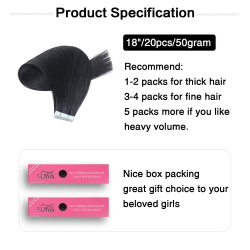 SUYYA Tape in Hair Extensions Human Hair 18 inches 50g/pack 20pcs Straight Seamless Skin Weft Jet Black Tape Hair Extensions (18 inches #1 Jet Black)