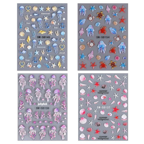 Summer Ocean Nail Art Stickers Embossed Beach Seashell Starfish Nail Decals Cute Marine Life Pegatinas Uñas Self Adhesive Nail Accessories for Women Girls Acrylic Nail DIY Manicure Decoration 4Sheets