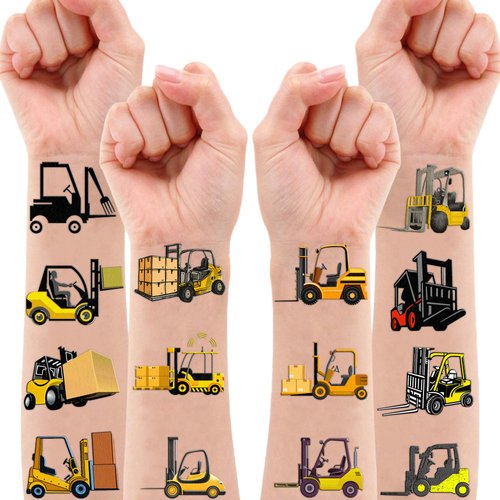 100 PCS Forklift Construction Temporary Tattoos Themed Birthday Party Supplies Decorations Favors Decor Dump Truck Crane Excavator Tattoo Stickers Gifts For Game Boys Girls Classroom School Prizes
