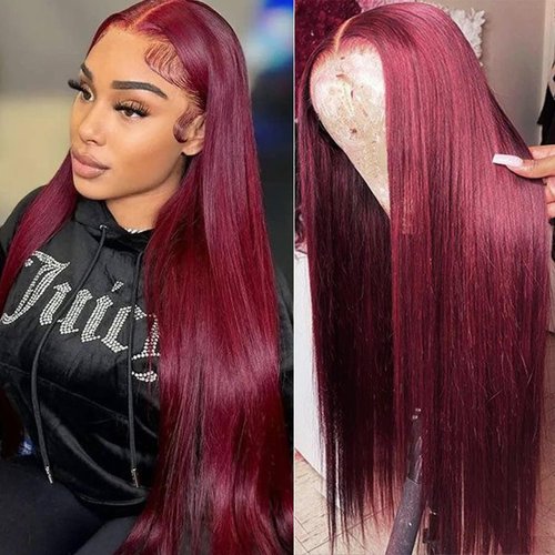 Lezaxiu 13x3 Burgundy Lace Front Wigs Pre Plucked Long Straight Hair 99J Red Color Wig Glueless Heat Resistant Fiber Hair Synthetic Lace Front Wigs for Black Women