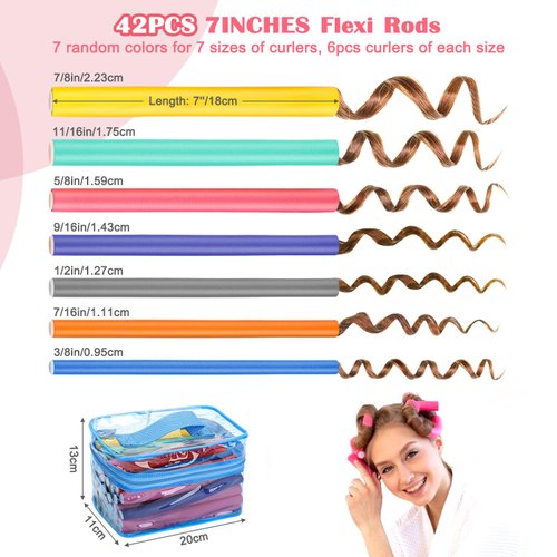 AIDUCHO Heatless Hair Curlers 42PCS Flexible Hair Rollers 7" Soft Foam Hair Curlers No Heat Bendable Curling Rods for Short Medium Long Hair, 7 Colors & Sizes