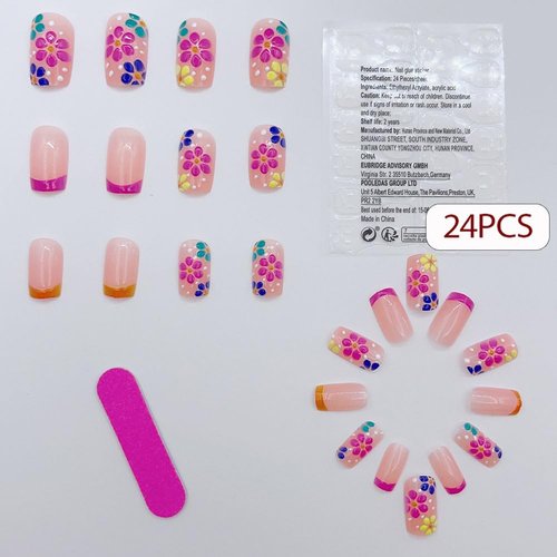 WAFOLOZE Press on Nails Medium Square Fake Nails Red French Tip False Nails with Polychromatic Flower Relief Press ons Designs Acrylic Nails Press on Artificial Nails Stick on Nails for Women 24Pcs