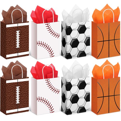 Aoriher 24 Pcs Sports Party Favors Bags with Tissue Paper, Sport Goodie Bags Soccer Treats Bags Gift Candy Bag for Baseball Basketball Birthday Party Supplies Kids Boys Girls
