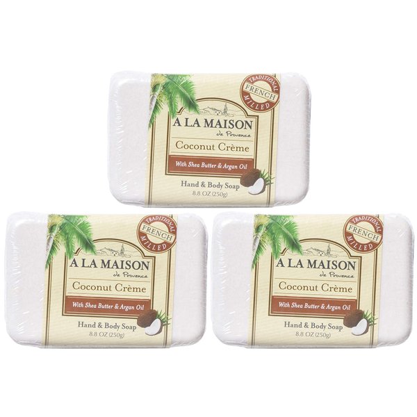 A LA MAISON Coconut Crème Bar Soap - Triple French Milled Natural Moisturizing Hand Soap Bar (3 Bars of Soap, 8.8 oz)