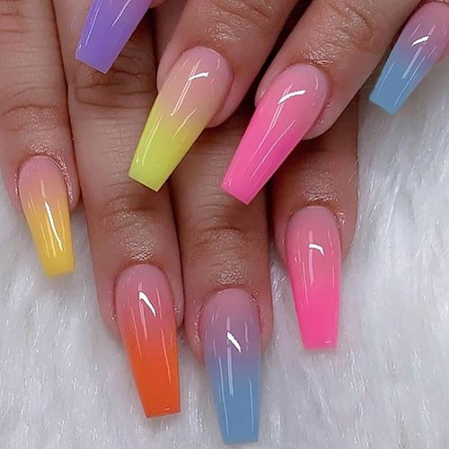 Long Coffin Rainbow Ombre Glossy Press on Nails - 24 Pcs Press On Nails