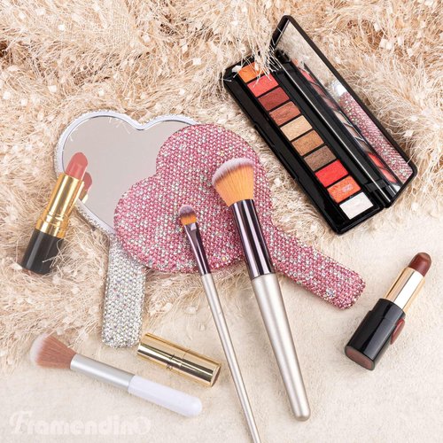 Framendino, 2 Pack Rhinestone Handheld Mirror Heart Bling Mirror Glitter Cosmetic Dazzling Mirror Portable Hand Mirrors with Handle for Women (White & Pink)