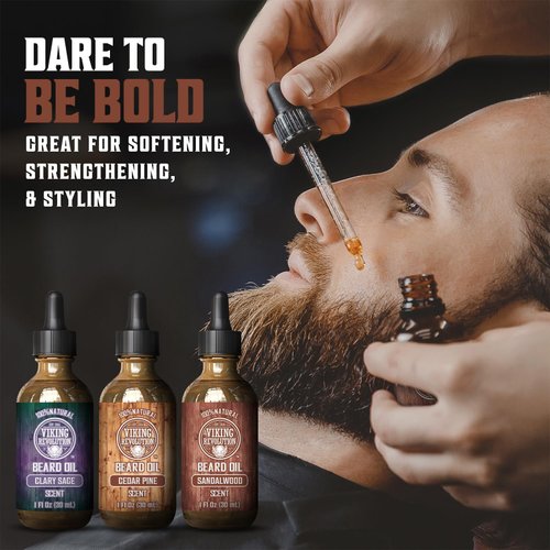 Viking Revolution Beard Oil for Men 3 Pack - Natural Mens Beard Oil Variety Set - Sandalwood, Pine and Cedar, Clary Sage Scents - Beard Conditioning and Moisturizing for a Healthy Beard (3 Pack, 1oz)