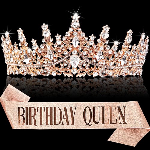 Swialior Rose Gold Crown Tiaras Crowns for Women Girls Decoration Birthday Queen Sash Rose Gold Tiara for Princess Adult Pageant Party Costume Gifts for Wedding Anniversary Bridal Shower Engagement