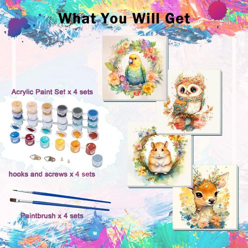 bleihum 4 Pack Paint by Numbers Kit for Kids Ages 4-8-12, Animal Paint by Number for Kids, DIY Acrylic Oil Painting Kit for Wall Decor Gift(Frameless,8X8inch)