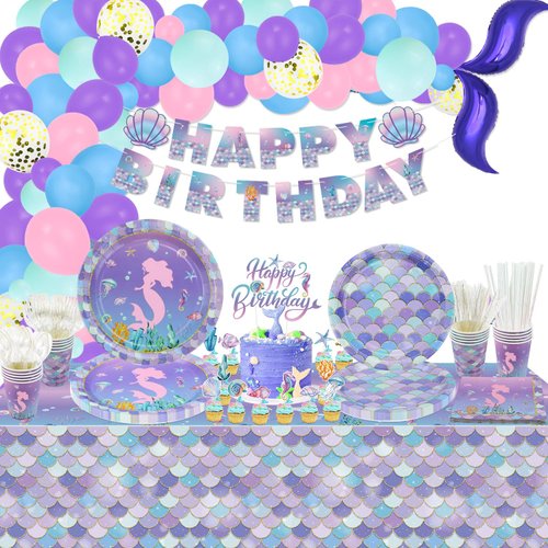 231Pcs Mermaid Birthday Decorations - Mermaid Balloons, Mermaid Party Plates, Birthday Banner, Cups, Mermaid Scale Tablecloth, Cake Toppers for Girl Kids Little Mermaid Ocean Birthday Party Supplies