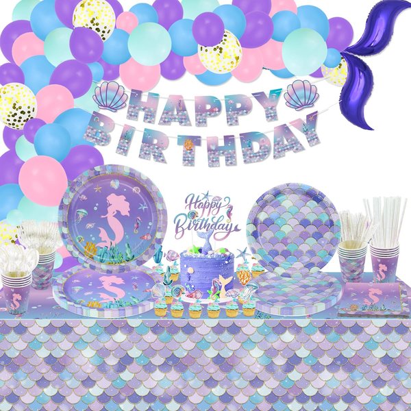 231Pcs Mermaid Birthday Decorations - Mermaid Balloons, Mermaid Party Plates, Birthday Banner, Cups, Mermaid Scale Tablecloth, Cake Toppers for Girl Kids Little Mermaid Ocean Birthday Party Supplies