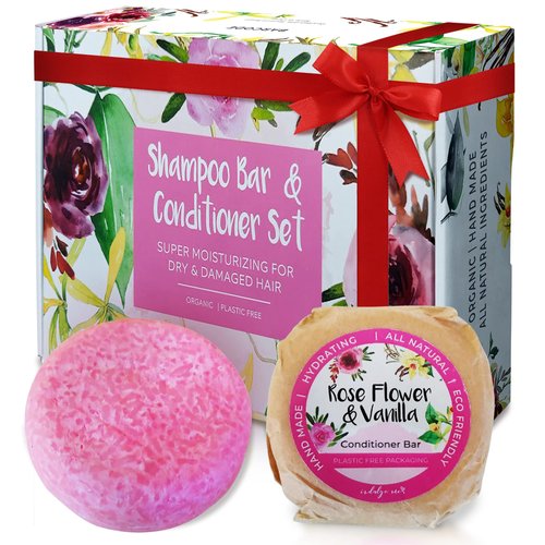 Solid Shampoo and Conditioner Bar - Eco Friendly Hair Care, Dry and Damaged Hair Treatment, Rose and Vanilla Scented, Jojoba Oil, Argan Oil For Hair, Zero Waste, 3 In 1 Shampoo, Hydrating Set 2 Bars