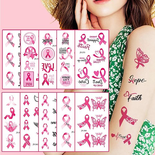 Breast Cancer Temporary Tattoos Pink Ribbon Tattoo Stickers Butterfly Wings Hope Faith Heart Fake Tattoos for Women Girls Waterproof Body Face Decorations for Breast Cancer Awareness Cheer 10 Sheets