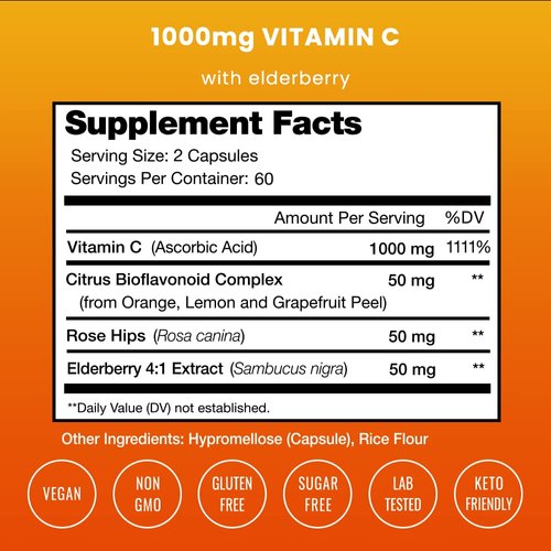 Vitamin C 1000mg with Rose Hips | Vitamin C Supplement with Elderberry & Citrus Bioflavonoids | Kids Immune Boosting Supplement | Non-GMO Antioxidants Supplement | 500mg Vitamin C Capsules Pill