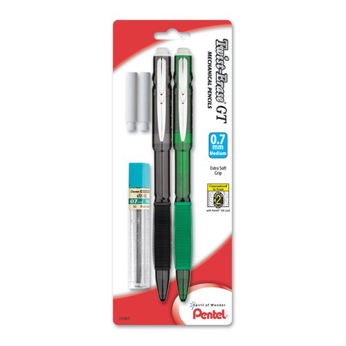 Pentel Twist-Erase GT (0.7mm) Mechanical Pencil, Lead, 2 Erasers, Assorted Barrel Colors, Color May Vary, Pack of 2 (QE207LEBP2M)