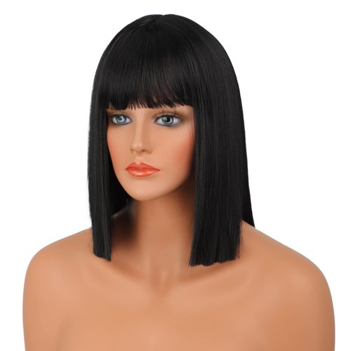 Wiginway Short Bob Wig for Womem, 12'' Short Black Wigs with Bangs, Natural Looking Soft Synthetic Straight Wigs for Party Cosplay Halloween