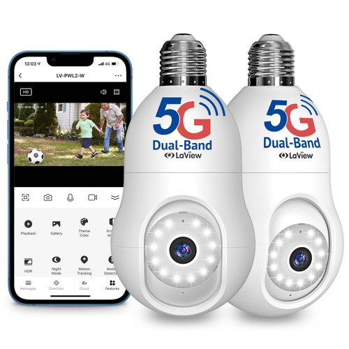 LaView 4MP Bulb Security Camera 5G& 2.4GHz, 360°2K Security Cameras Wireless Outdoor Indoor Full Color Day and Night, Motion Detection, Audible Alarm, Easy Installation, Compatible with Alexa (2 Pack)