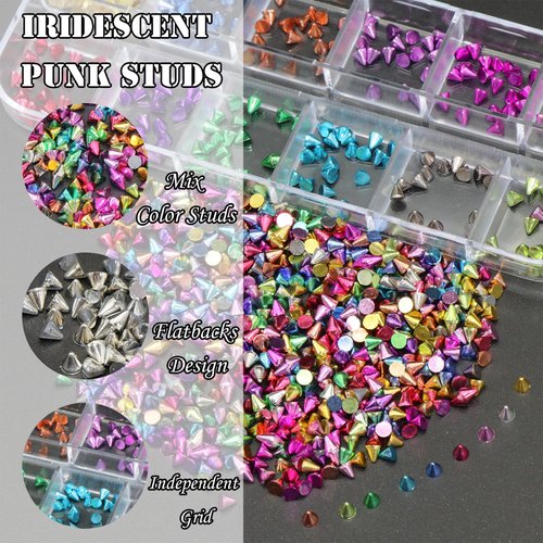 YAEISM 1200PCS Metal Rivet Punk Nail Charms 24Grid Cone Metalic Spike Studs for Gothic Nail Art Alloy Nail Studs Mix Color Rhinestone Studs for DIY Crafts Decoration