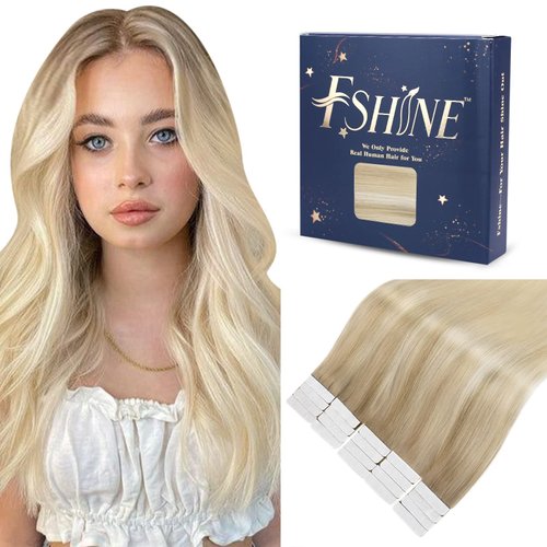 Fshine Balayage Tape in Human Hair Extensions 18 Inch Ash Blonde to Golden Blonde and Platinum Blonde Tape in Hair Extensions 20pcs 50 Grams Double Sided Tape in Extensions Remy Human Hair