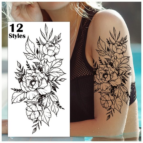 Cerlaza Temporary Tattoos for Women, Henna Fake Flower Tattoos Stickers for Adults, Semi Permanent Half Sleeve Tattoos Body Leg Makeup Waterproof, Flower Tatuajes Temporales-12 Sheets