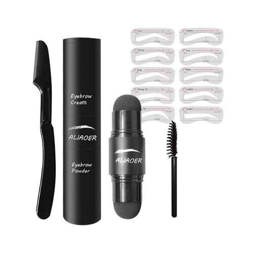 Eyebrow Stamp Stencil Kit, Long Lasting Eyebrow Stamp and Eyebrow Shaping Kit with 10 Reusable Eyebrow Stencils, 1 Spiral Brow Brushes, 1 Eyebrow Trimmer，DARK BROWN