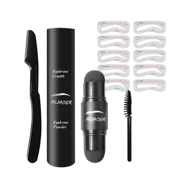 Eyebrow Stamp Stencil Kit, Long Lasting Eyebrow Stamp and Eyebrow Shaping Kit with 10 Reusable Eyebrow Stencils, 1 Spiral Brow Brushes, 1 Eyebrow Trimmer，DARK BROWN