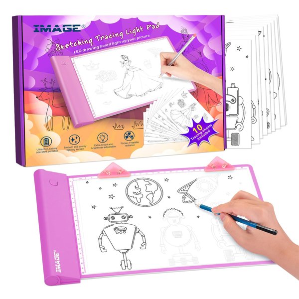 IMAGE Light Up Tracing Pad Pink Drawing Tablet Coloring Board for Kids Children to for Girls Boy (includes 10 Traceable Sheets and Two Clips)