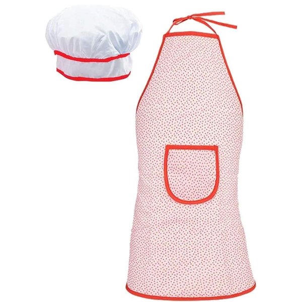 FUNERICA Kids Apron and Chef Hat Set for Girls and Boys. For Pretend Role Play, Cooking, Baking, Painting, and Gardening. Featuring Long Strap and Convenient Pocket in Bright Beautiful Red Color