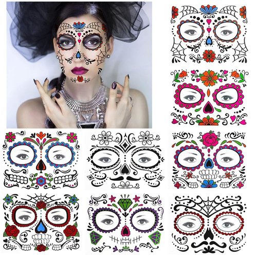 8 Sheet Day of the Dead Face Tattoos, Realistic Face Halloween Temporary Tattoo Stickers for Festival Makeup Rave Accessories, Halloween Face Tattoos for Halloween Cosplay