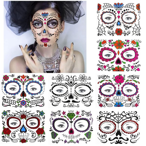 8 Sheet Day of the Dead Face Tattoos, Realistic Face Halloween Temporary Tattoo Stickers for Festival Makeup Rave Accessories, Halloween Face Tattoos for Halloween Cosplay
