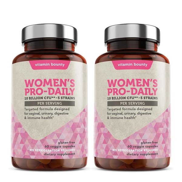 Vitamin Bounty Women's Pro-Daily Probiotic - 10 Billion CFUs, and 5 Strains, Help Vaginal & Digestive Health, Vaginal Probiotic & Prebiotic & pH Balance, Cranberry, Gluten-Free - 2 Pack of 60 Capsules