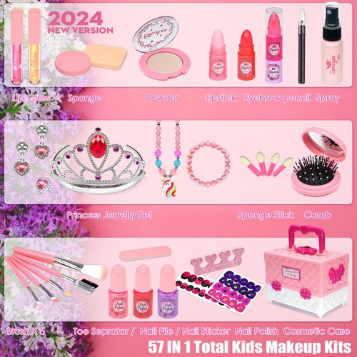 Kids Makeup Kit for Girl - 57 PCS Safe and Washable Makeup for Kids, Real Girls Makeup Kit, Toddler Makeup Kit with Cosmetic Case, Girls Toys Age 4-12, Princess Toys for Girls (Pink)