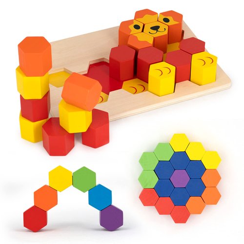 Hexablox Toddler Puzzles 19pcs - Wooden Stacking Blocks - Montessori Wooden Toddler Toys for 1+ Year Old Boys Girls - Multi Use Stacking Toy, Color Sorting Toys for Toddlers 1-3, Building Blocks Lion