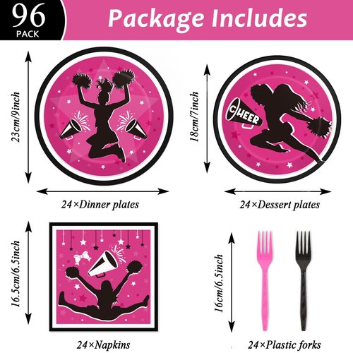OBUSATT 96Pcs Cheerleader Party Supplies Cheerleading Paper Plates Napkins Gymnastics Party Decorations Girls' Birthday Dinnerware Party Favor Tableware Serves 24