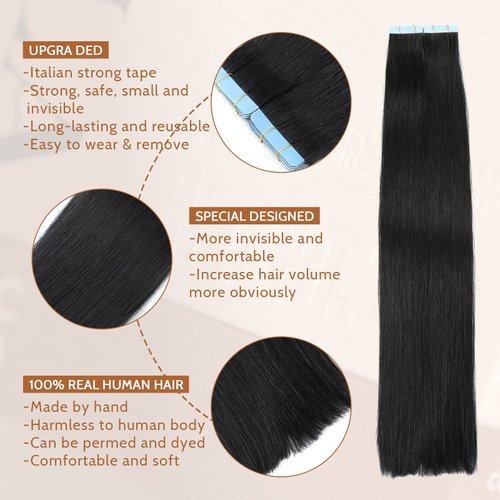 Tape in Hair Extenions Real Human Hair #1 Jet Black Hair Extensions Tape in Straight Seamless Skin Weft Tape Hair Extensions 50g 20Pcs