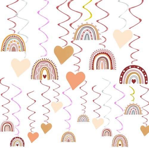 48Pcs Boho Rainbow Party Decorations, Hanging Swirl Rainbow Party Decorations, Boho Baby Shower Decorations for Classroom Home Wedding Office, Hanging Swirls Ceiling Streamers for Party Supplies